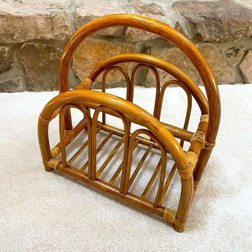 Vintage MCM Two Sided Rattan Magazine/Towel Organizer